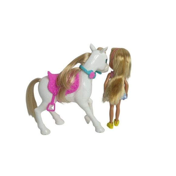 Barbie Chelsea Doll & White Pony Riding Horse Set With Pink Saddle & Blue Bridle - Picture 2 of 6